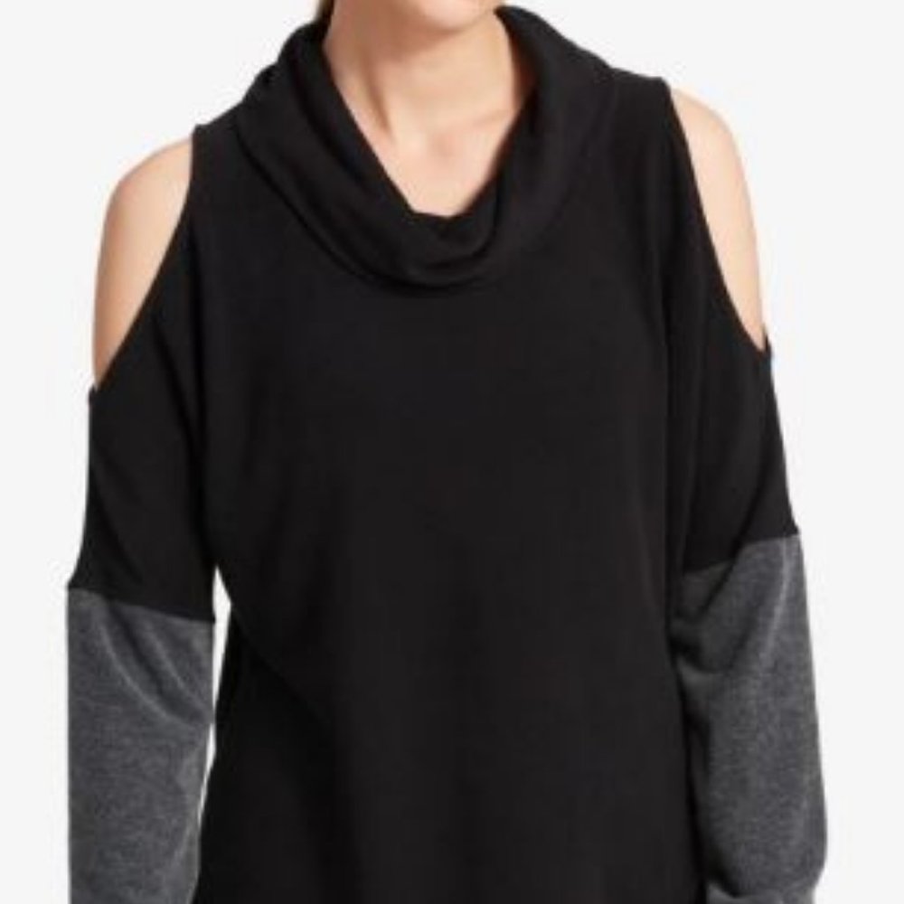 DKNY Black Cold Shoulder LS Cowl Neck top, size M